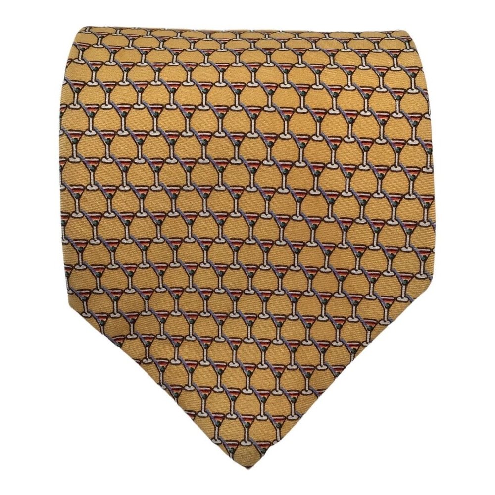 BROOKS BROTHERS 346 Yellow Champagne Glasses Print Tie Silk USA 60"/3".3/4 EX C